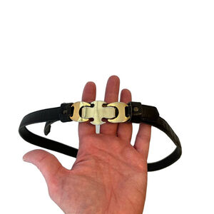 Women's Vintage 70s / 80s Leather Belt Black Gold Buckle Detail Fits 23-32” XS-M